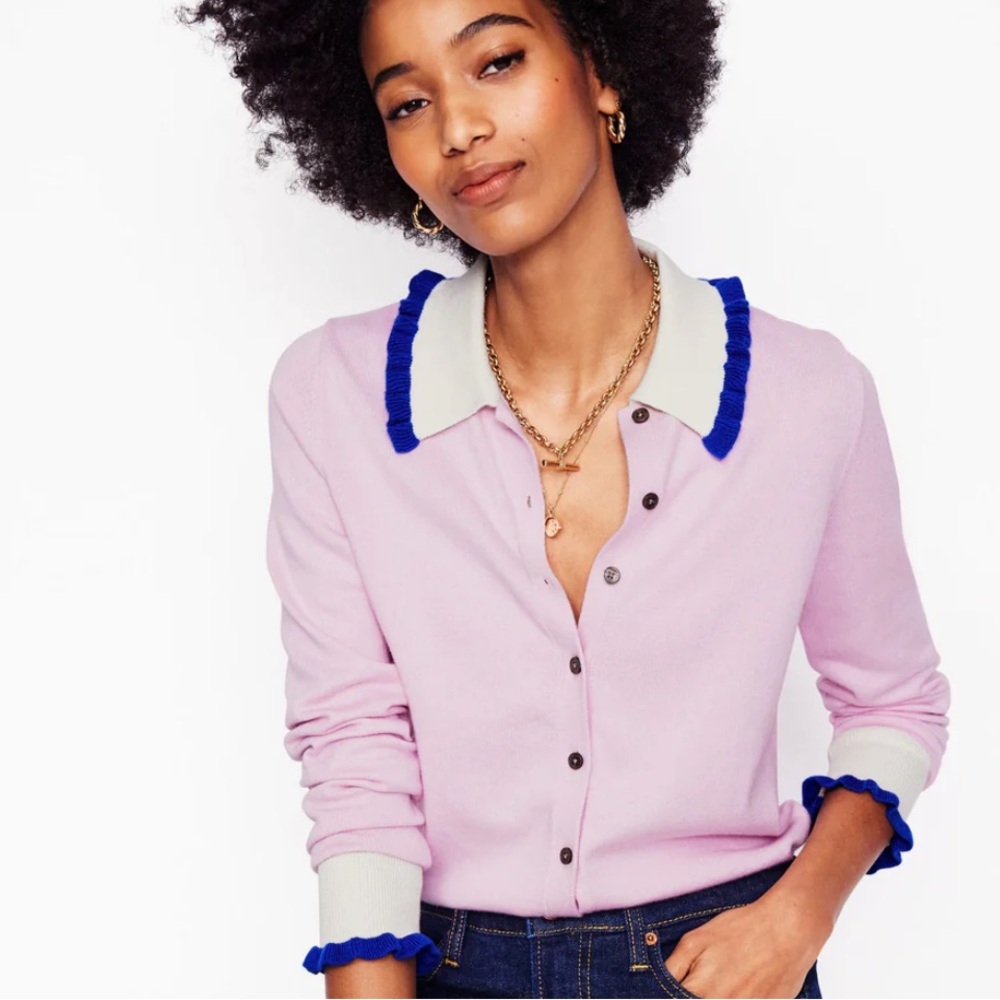 Boden Cardigan with Ruffled Collar and Cuffs